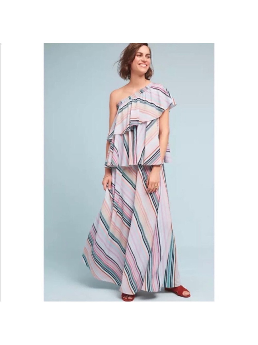 One-Shoulder Pink Striped Maxi Dress with Ruffle Detail